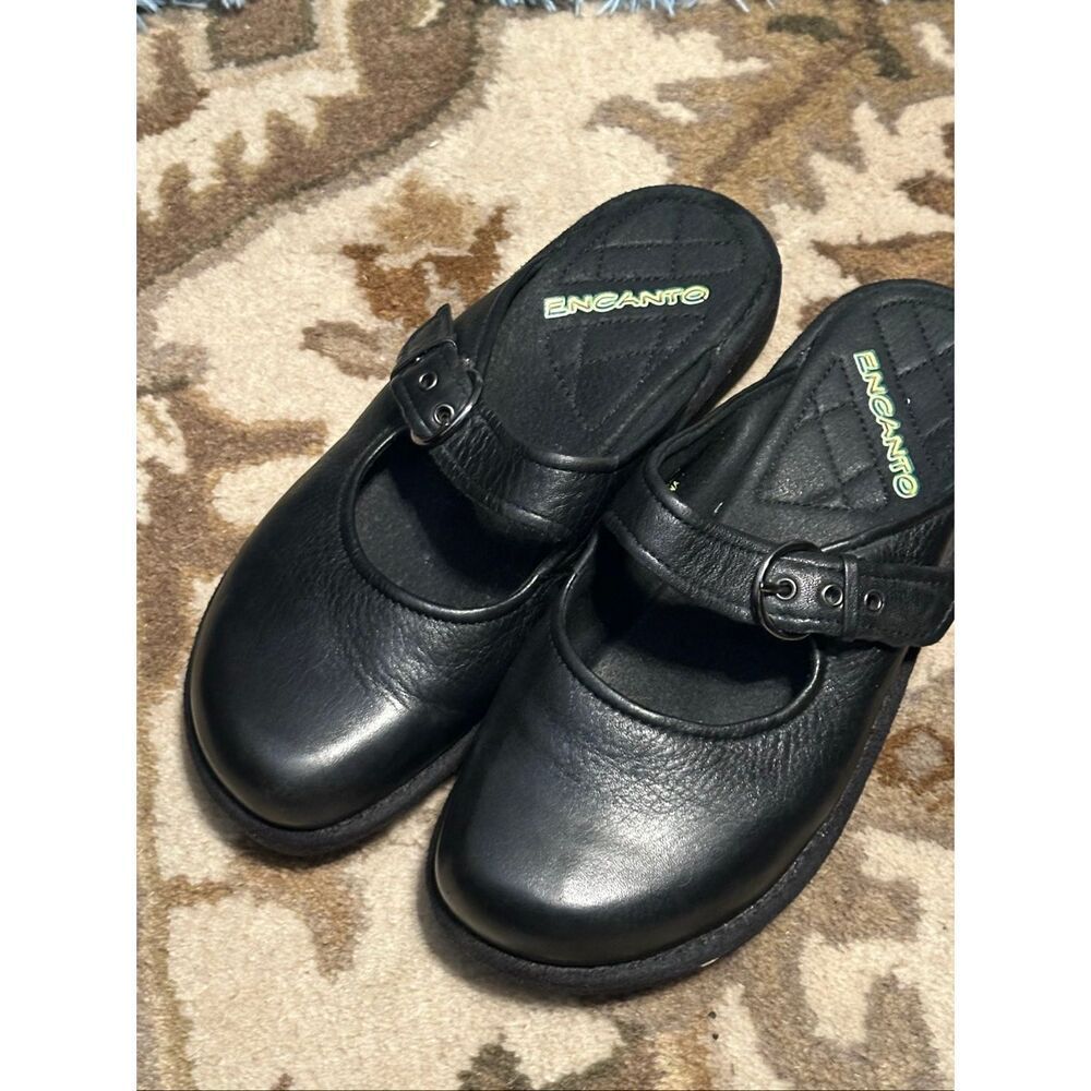 Encanto Womens Black Leather Mary Jane Mules Clogs Comfort Shoes Size 8.5